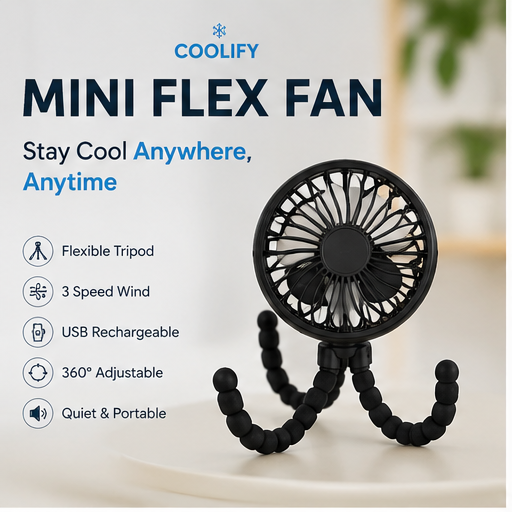 Coolify Mini Travel Fan delivers flexible, portable cooling in a compact design perfect for everyday use. USB rechargeable with adjustable speeds and bendable tripod legs for cooling anywhere you go.