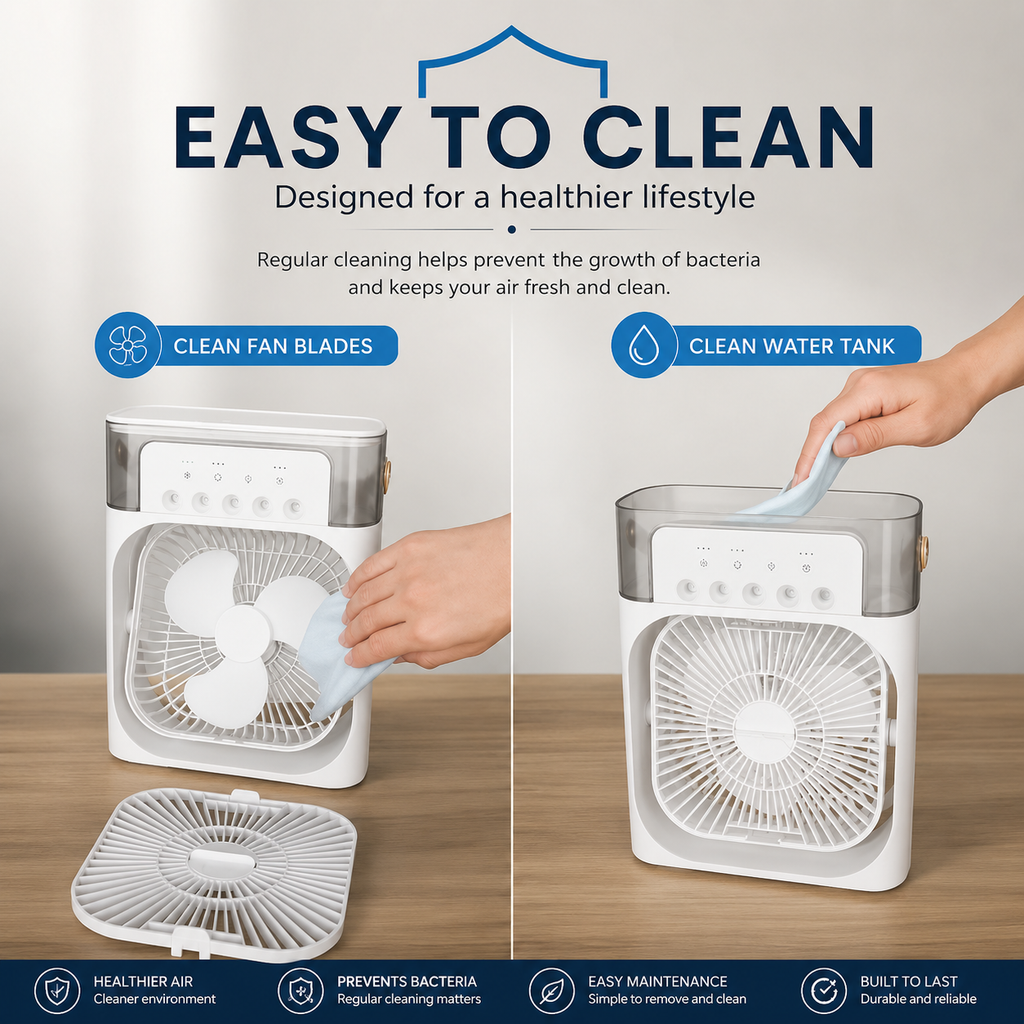 Coolify 3-in-1 Portable Fan combines powerful cooling, quiet airflow, and built-in humidification in one compact design. USB-powered with adjustable fan speeds, perfect for home, office, gaming, travel, and car use.