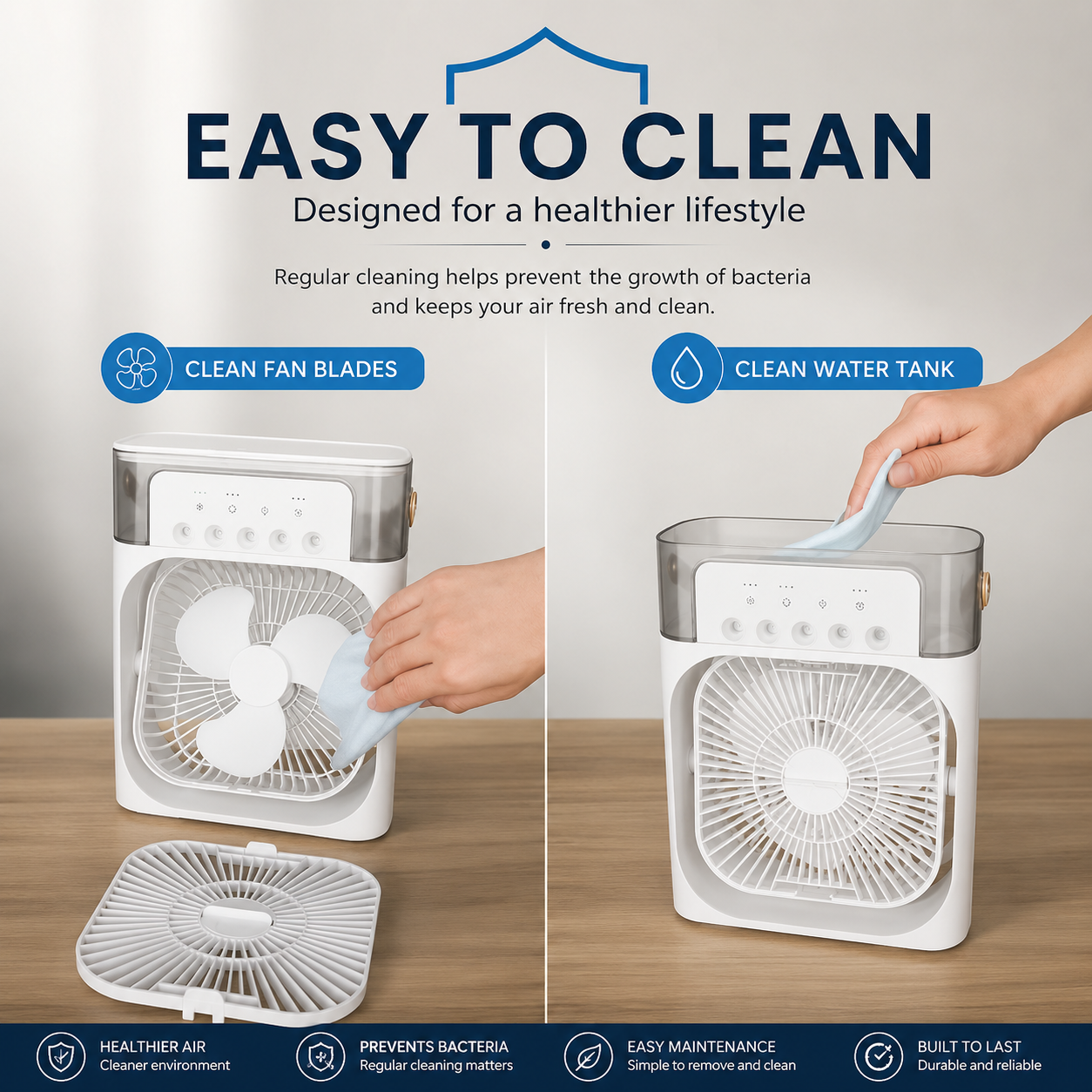 Coolify 3-in-1 Portable Fan combines powerful cooling, quiet airflow, and built-in humidification in one compact design. USB-powered with adjustable fan speeds, perfect for home, office, gaming, travel, and car use.